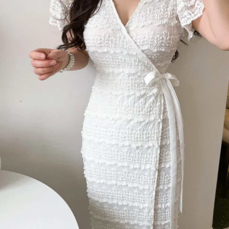 Women Elegant Bodycon Dress Summer Sexy V-neck Short Sleeve Korean Long Dresses Ladies Vintage Solid White Black Long Robe