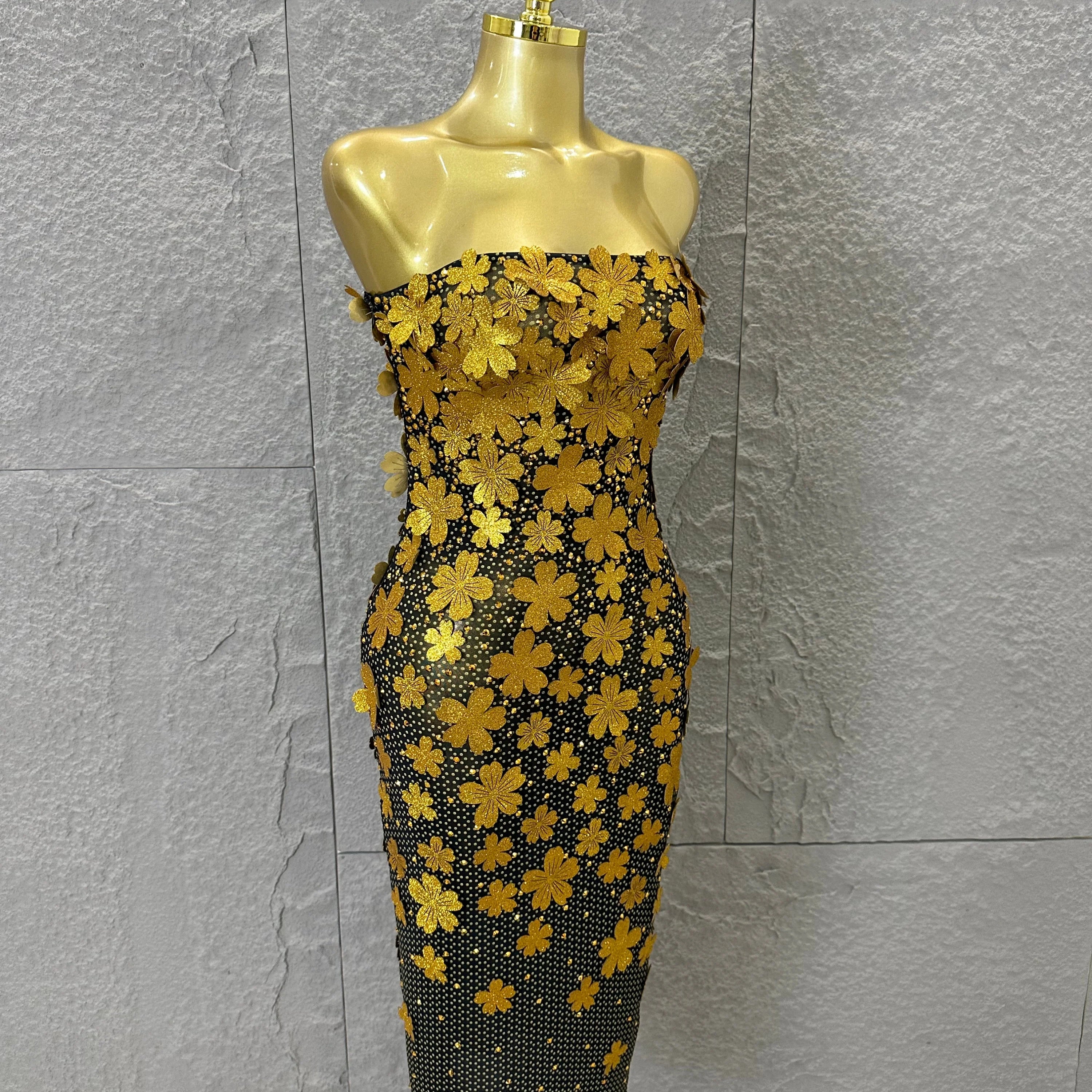 Sparkly Women Sexy Strapless Slim-fit 3D Flower Evening Gala Party Nightclub Cocktail Party Stage Performance Costume