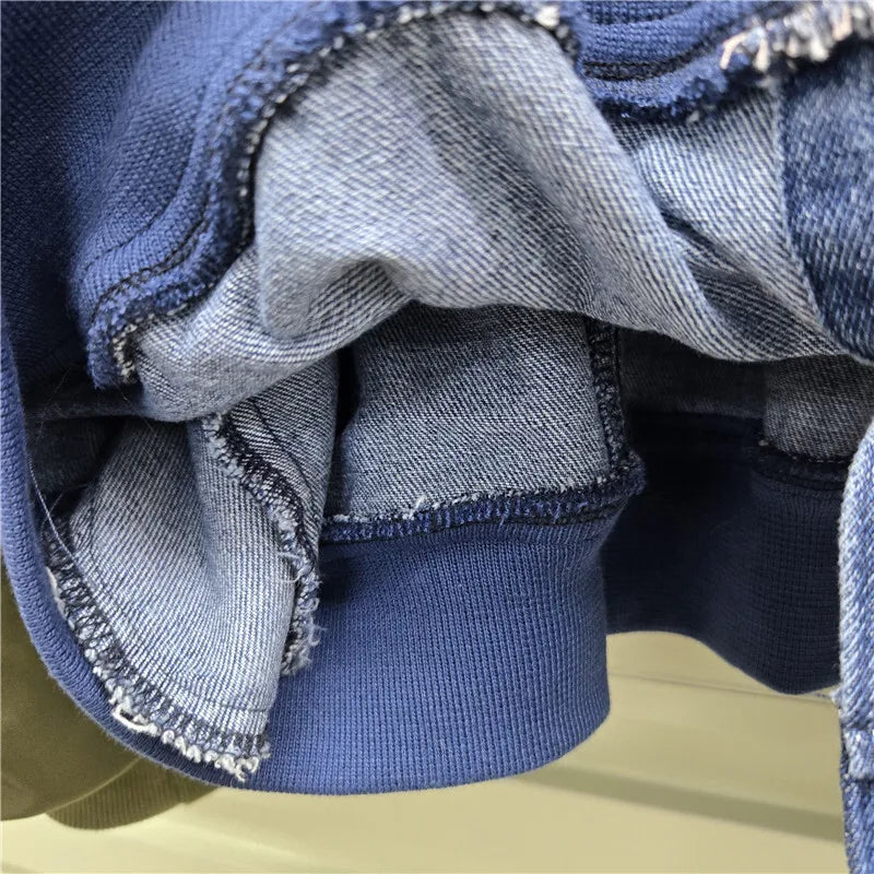 Autumn Winter New Fashion Denim Patchwork Contrast Color Pleated Scimitar Sleeve Jacket For Women Loose Coat 11A07724