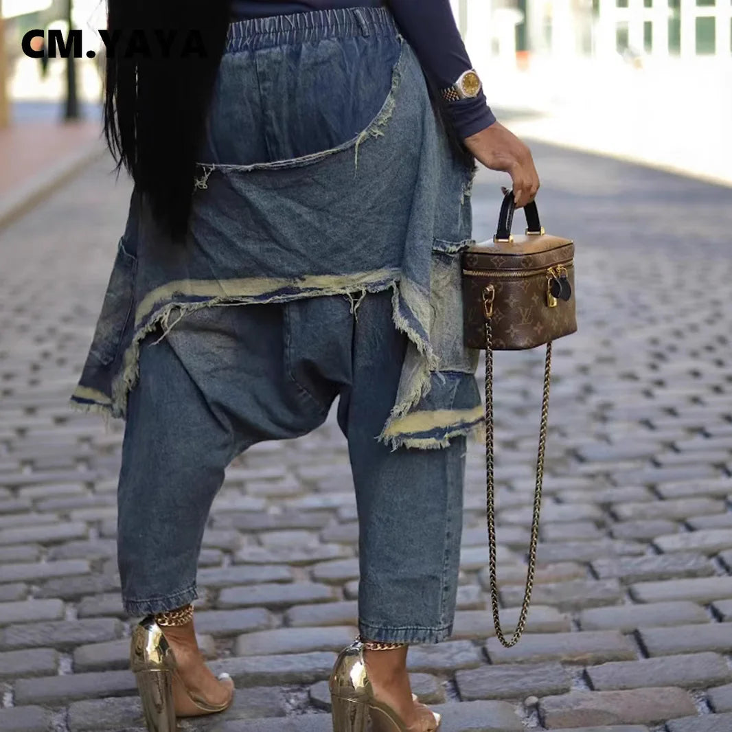 Women Streetwear Ripped Out Hole Denim Pants 2025 Fall Autumn Loose Safari Style Cargo Harem Hip Hop Jeans