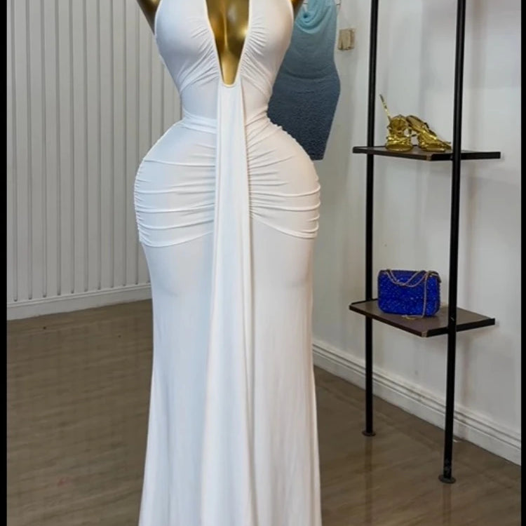 Women Halter V-neck Stacked Ruched Backless Bodycon Midi Maxi Long Dress 2025 Vacation Birthday Sexy Party Club Dresses WHITE