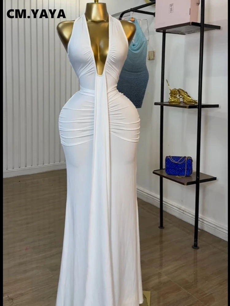 Women Halter V-neck Stacked Ruched Backless Bodycon Midi Maxi Long Dress 2025 Vacation Birthday Sexy Party Club Dresses WHITE