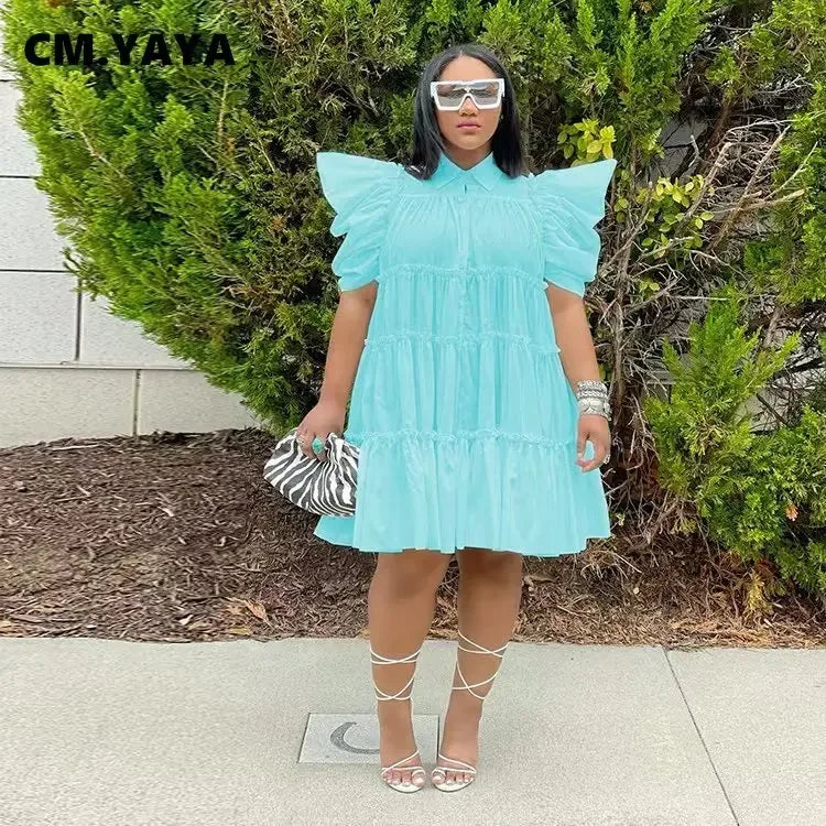 Elegant Women Puff Short Sleeve Smock Dress 2022 Summer Chic Big Swing Loose Turn-down Neck Sundress Vestidos