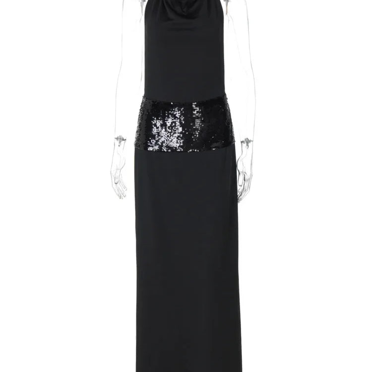 Black Halter Backless Sexy Maxi Dress For Women Gown Elegant Glitter High Waist O Neck Sleeveless Long Dress Elegant