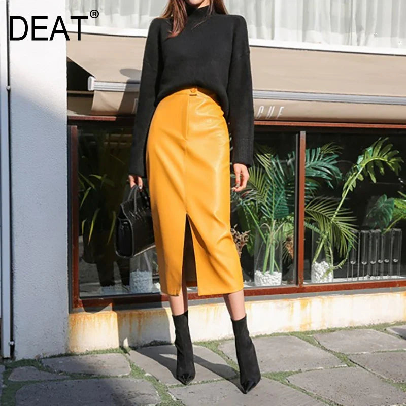 DEAT Fast Delivery New Fashion Korean Female PU Leather Mid-calf Length Spit Sexy High Waist Skirt AY095 yellow