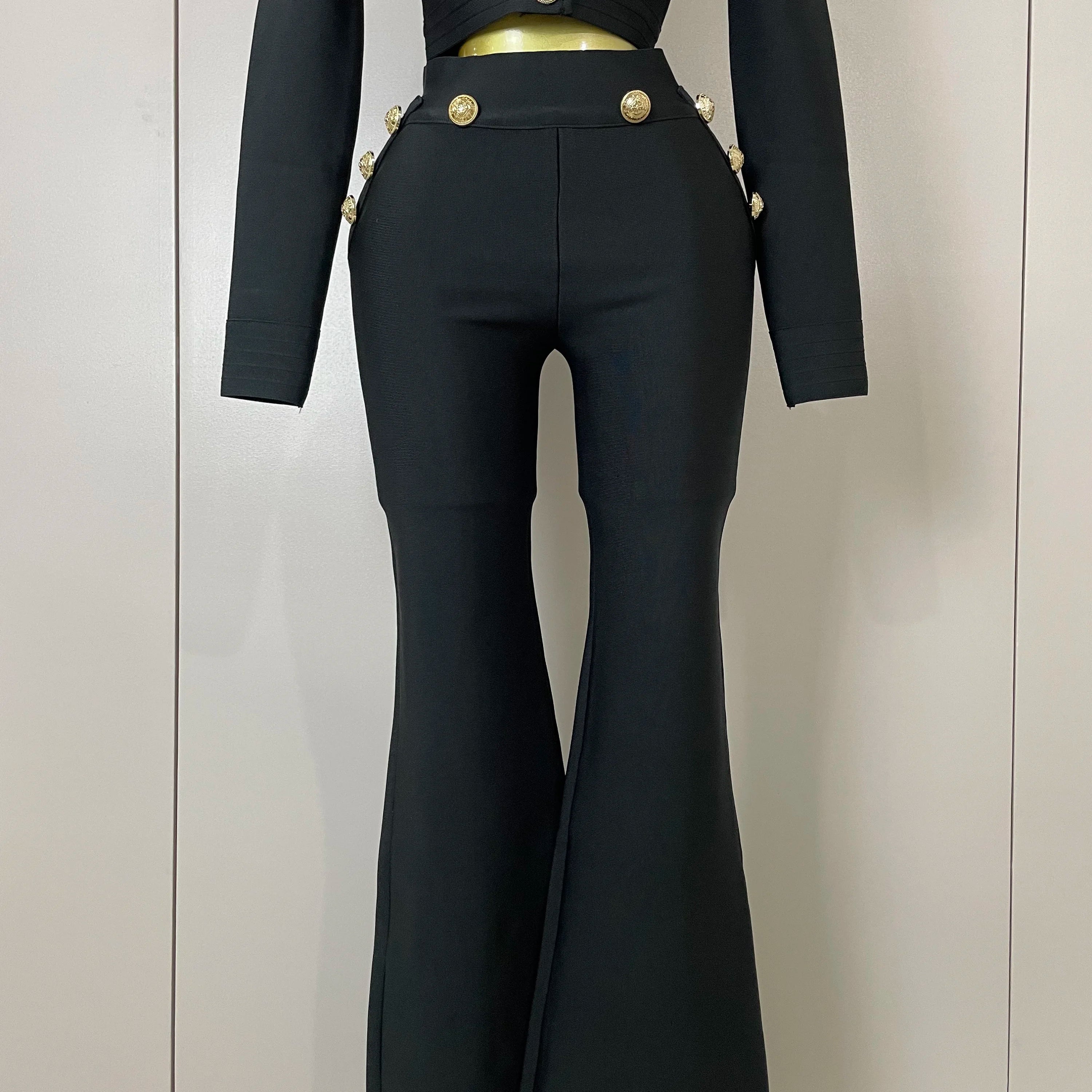 2025 New Golden Buttons Short Coat Top And Flare Pants Bandage 2 Pieces Set Woman Celebrity Evening Party Vestidos