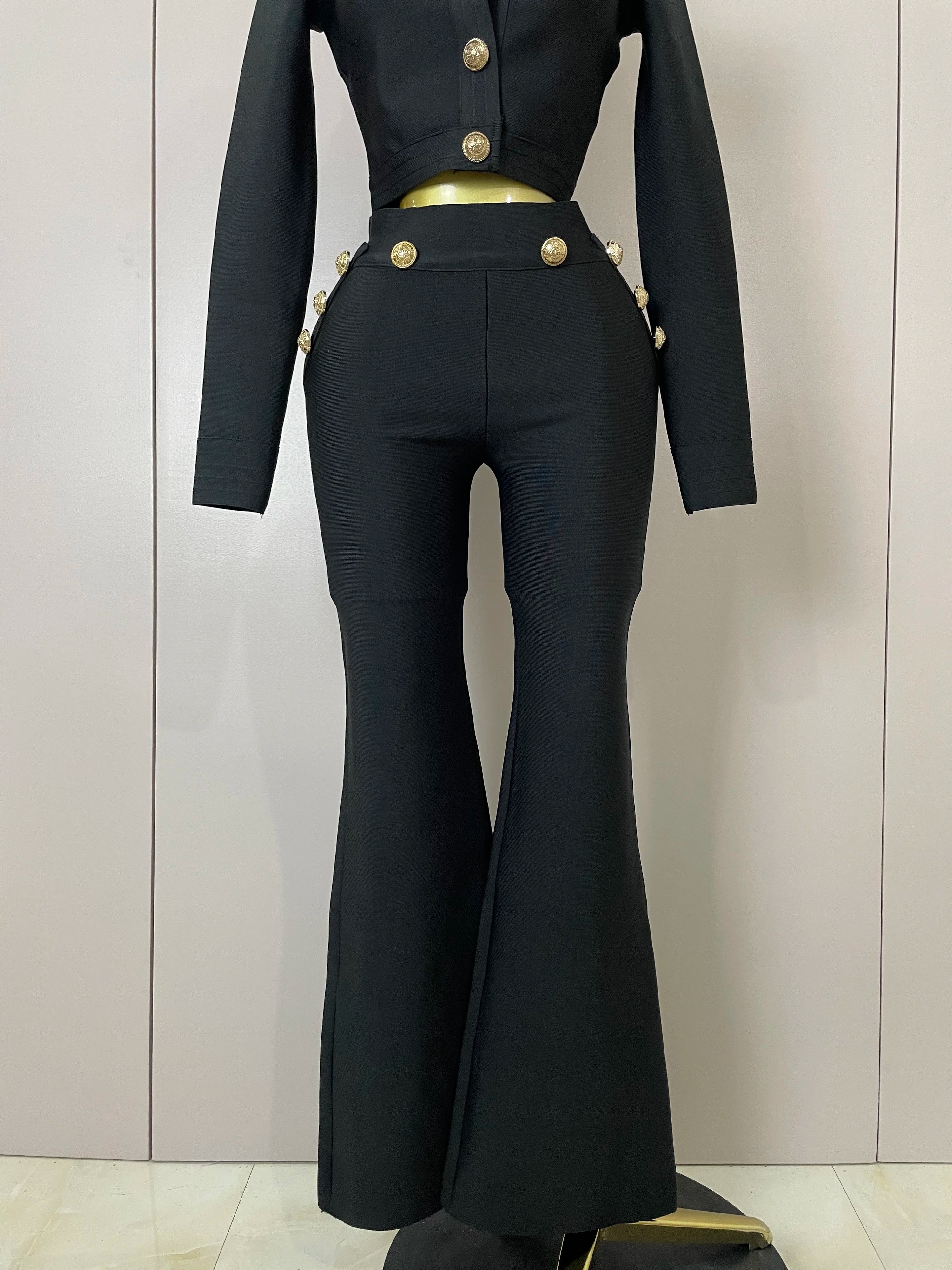 2025 New Golden Buttons Short Coat Top And Flare Pants Bandage 2 Pieces Set Woman Celebrity Evening Party Vestidos