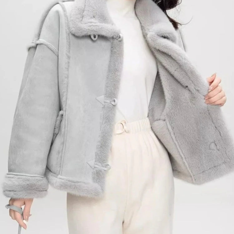 2025 Winter Fashion New Women's Simulated Fur Coat Thickened Imitation Fur Integrated Stand Collar Thickened Warm Coat Blue