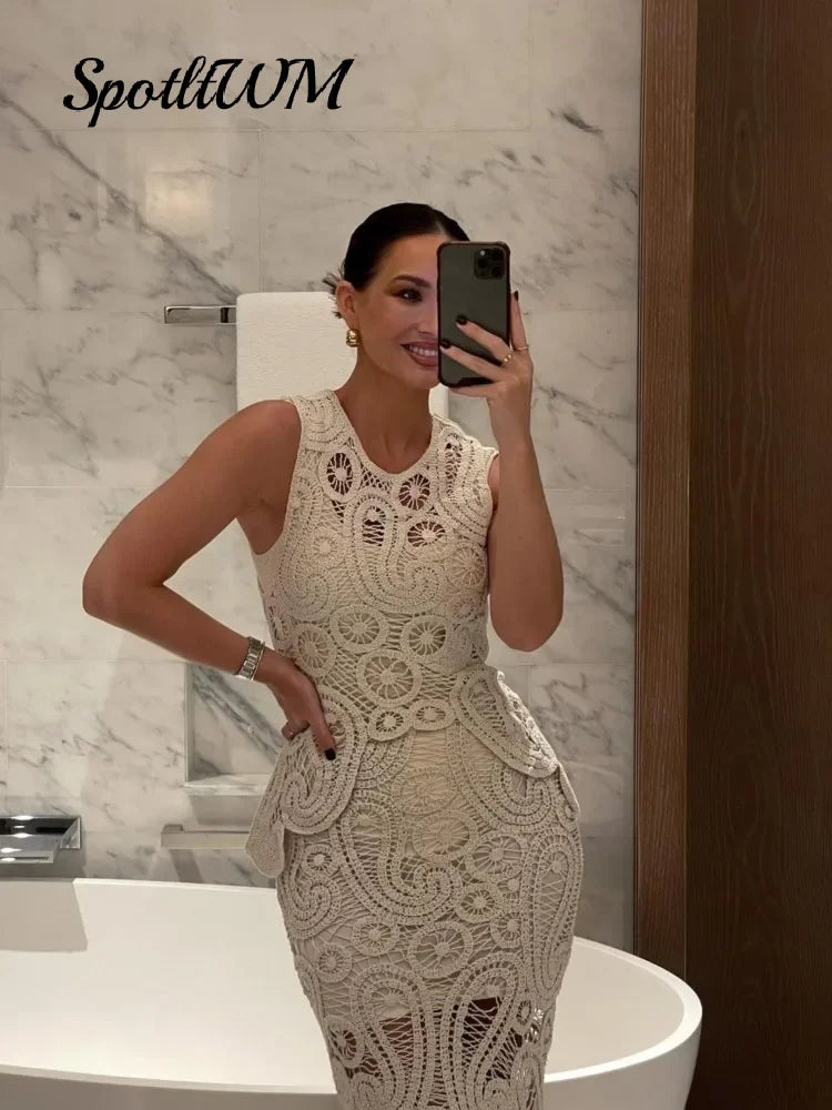 Crochet O Neck Hollow Out Skirt Set Women Chic Hook Flower Sleeveless Top Irregular Skirt Suit Spring Lady Elegant Outfit