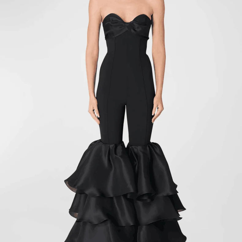 Black Color High Street Women Sexy Strapless Ruffles Wide Leg Jumpsuit Bandage Fashion Evening Party Cocktail Jumpsuit black