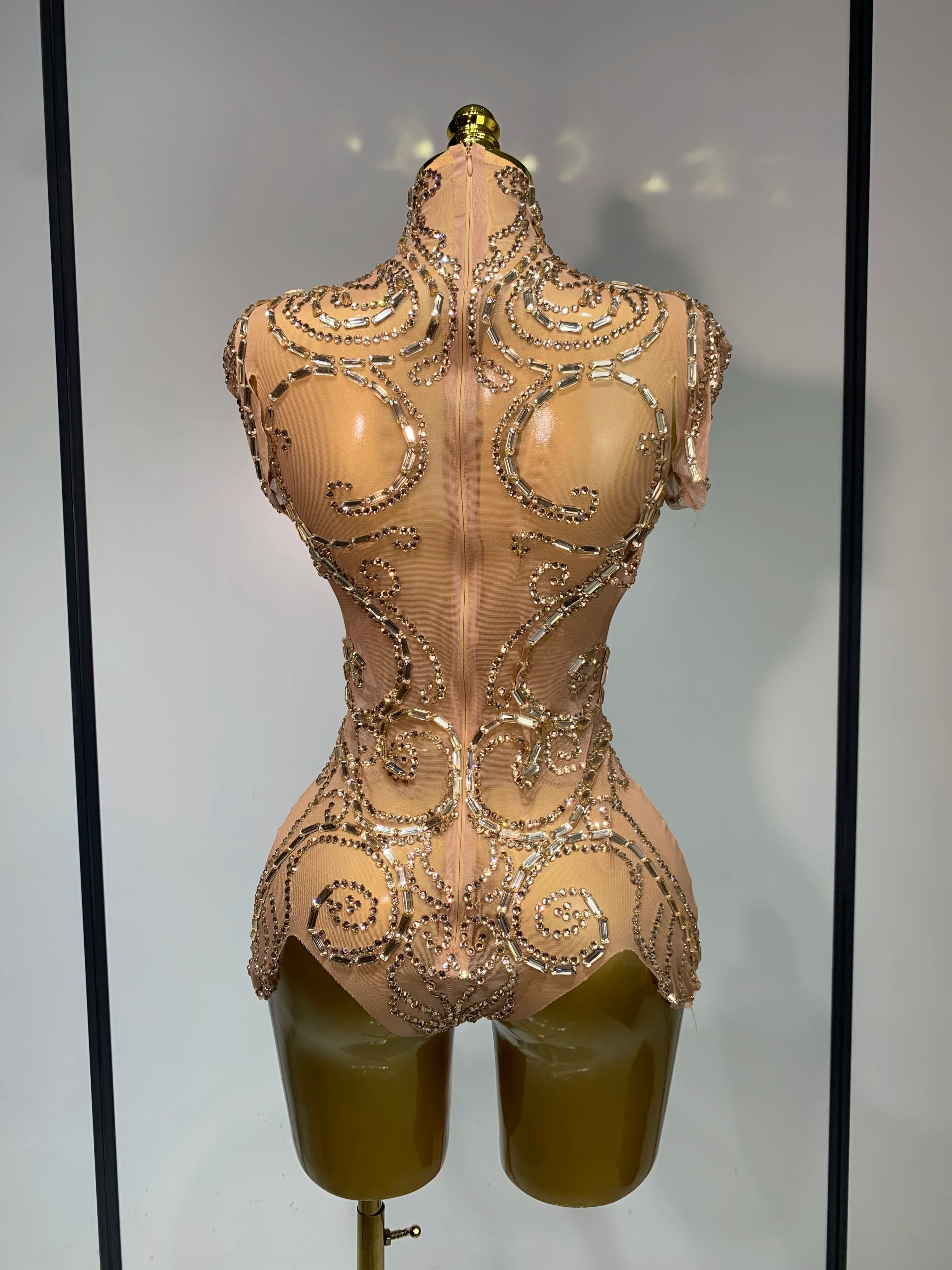 Shining Rhinestone Bodysuit Sexy Mesh See Through Dancer Birthday Evening Party Celebrate Performance Nightclub Stage Outfit