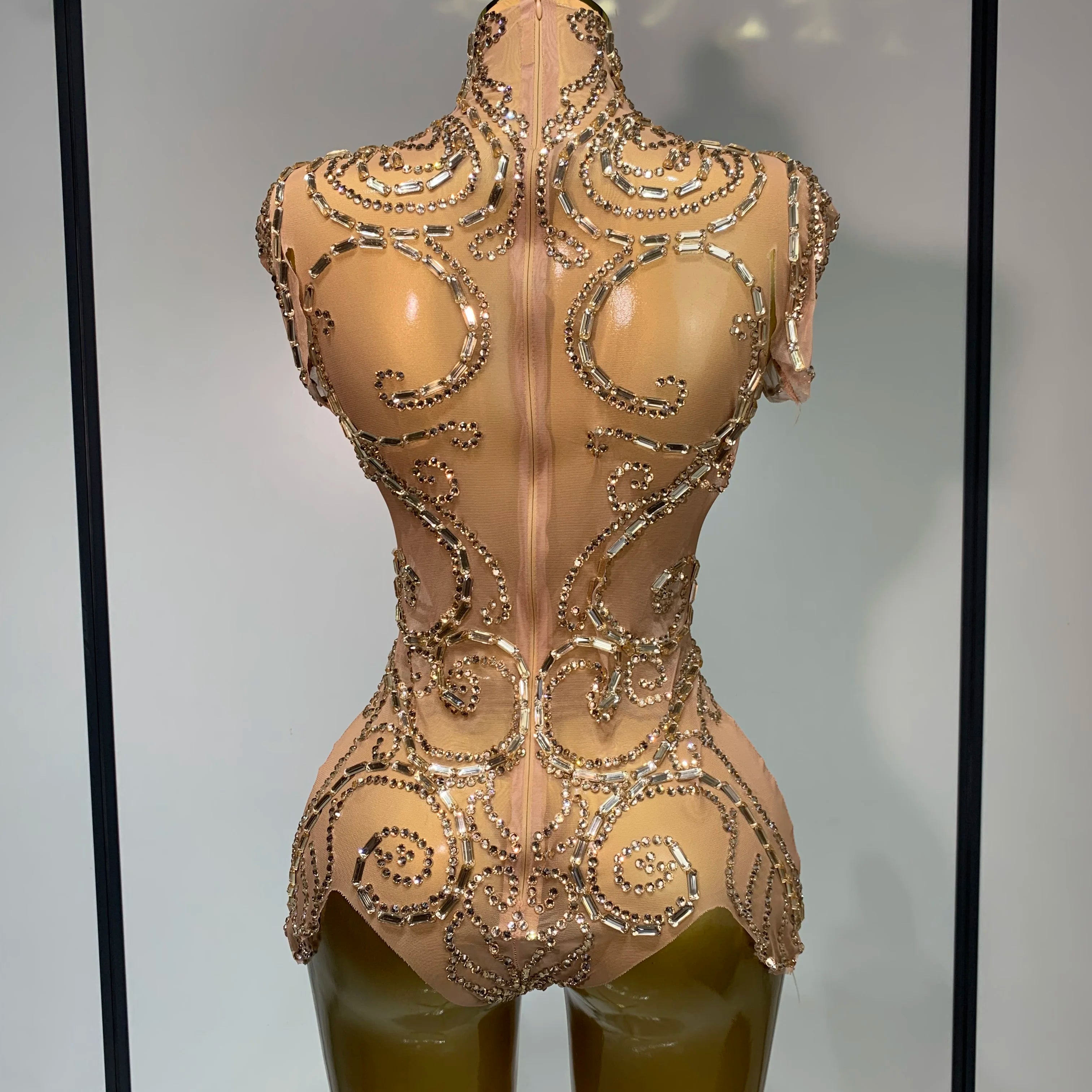 Shining Rhinestone Bodysuit Sexy Mesh See Through Dancer Birthday Evening Party Celebrate Performance Nightclub Stage Outfit