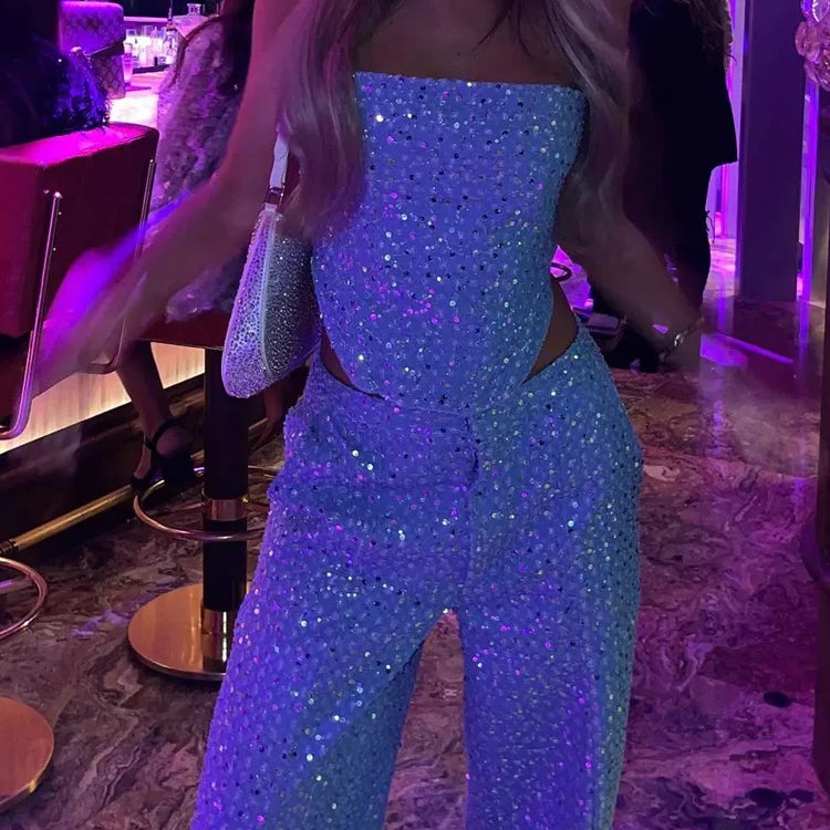 BKQU Sequins Denim Two Piece Pants Set Women Sexy Strapless Zipper Corset Tank Tops and Wide Leg Jeans Luxury Party Club Outfits