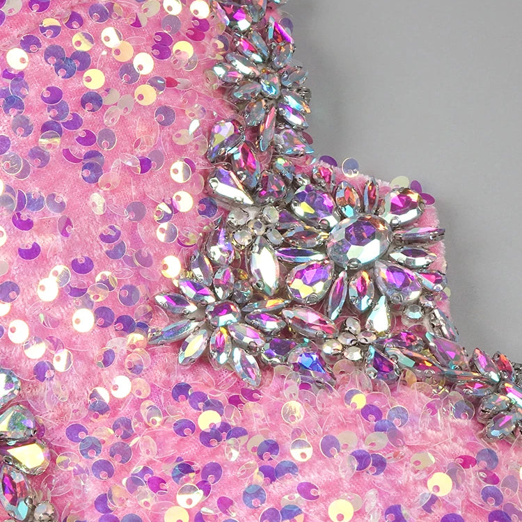 Pink Sparkly Sequins Long Dress Beaded Crystal Feather Embellished High Slit Straight Floor-length Prom Evening Gown Vestidos