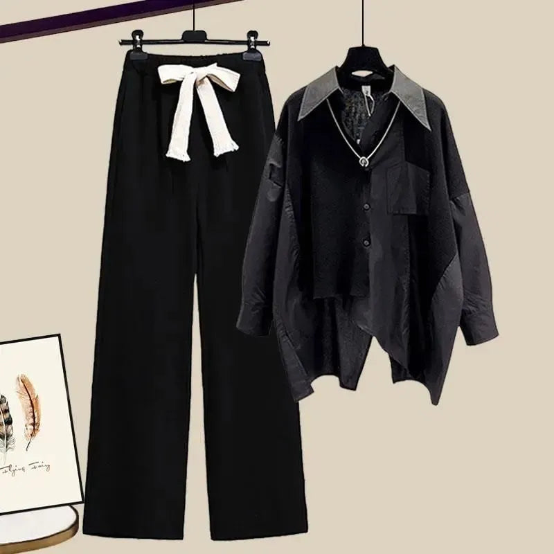 Two Piece Set for Women Shirt + Wide Leg Pant Sets Long Sleeve Korean Outfit Button Tracksuit 2024 Patchwork Fashion Autumn Suit black