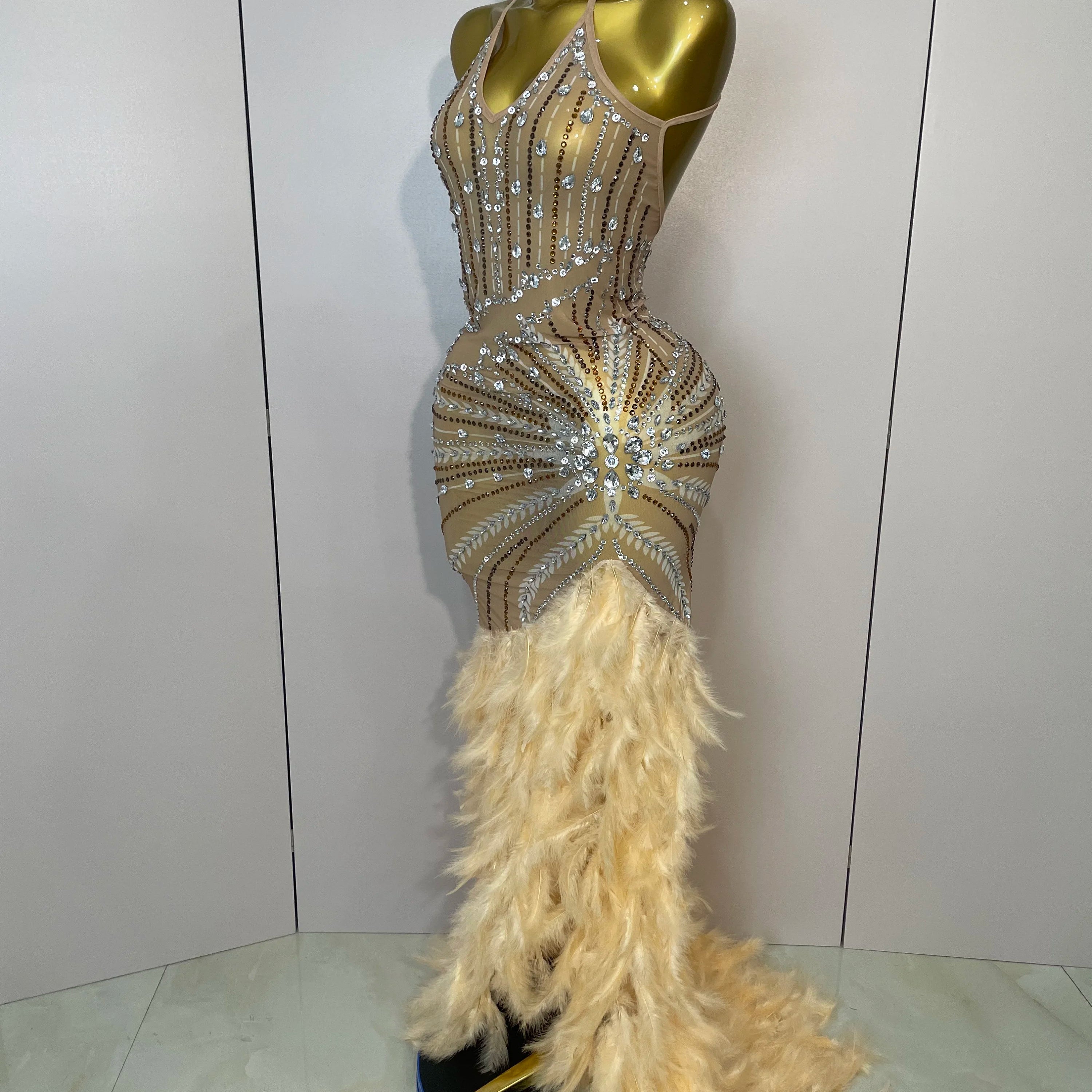 Sparkly Sexy Crystal Floor-Length Feathers Maxi Dress 2025 Elegant Evening Party Birthday Performance Prom Dance Stage Costume