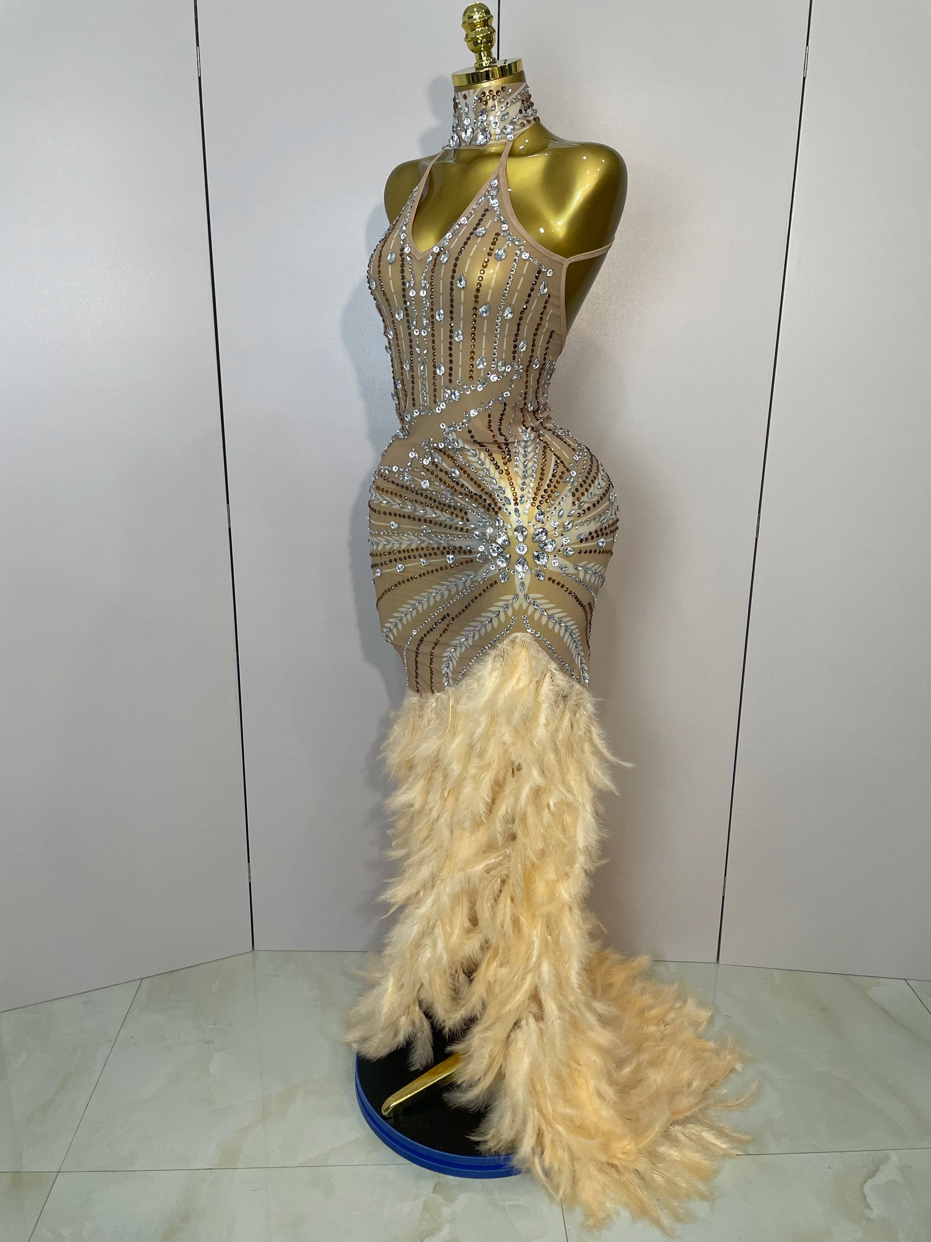 Sparkly Sexy Crystal Floor-Length Feathers Maxi Dress 2025 Elegant Evening Party Birthday Performance Prom Dance Stage Costume