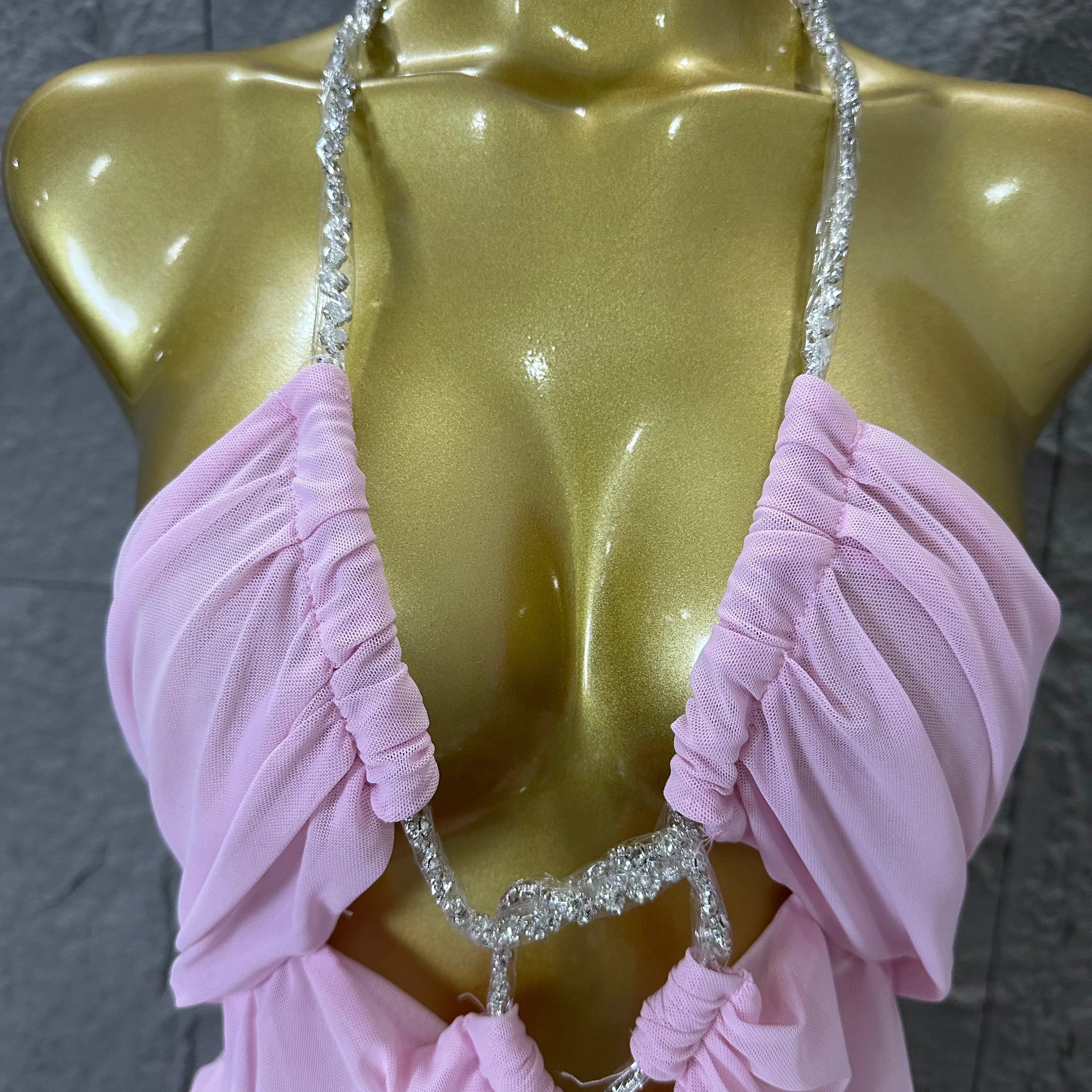 Sexy Halter Neck Maxi Dress Crystal Chain Cutout Ruched Women Sheer Mesh Form Outfit Glamorous Evening Gala Party Costume