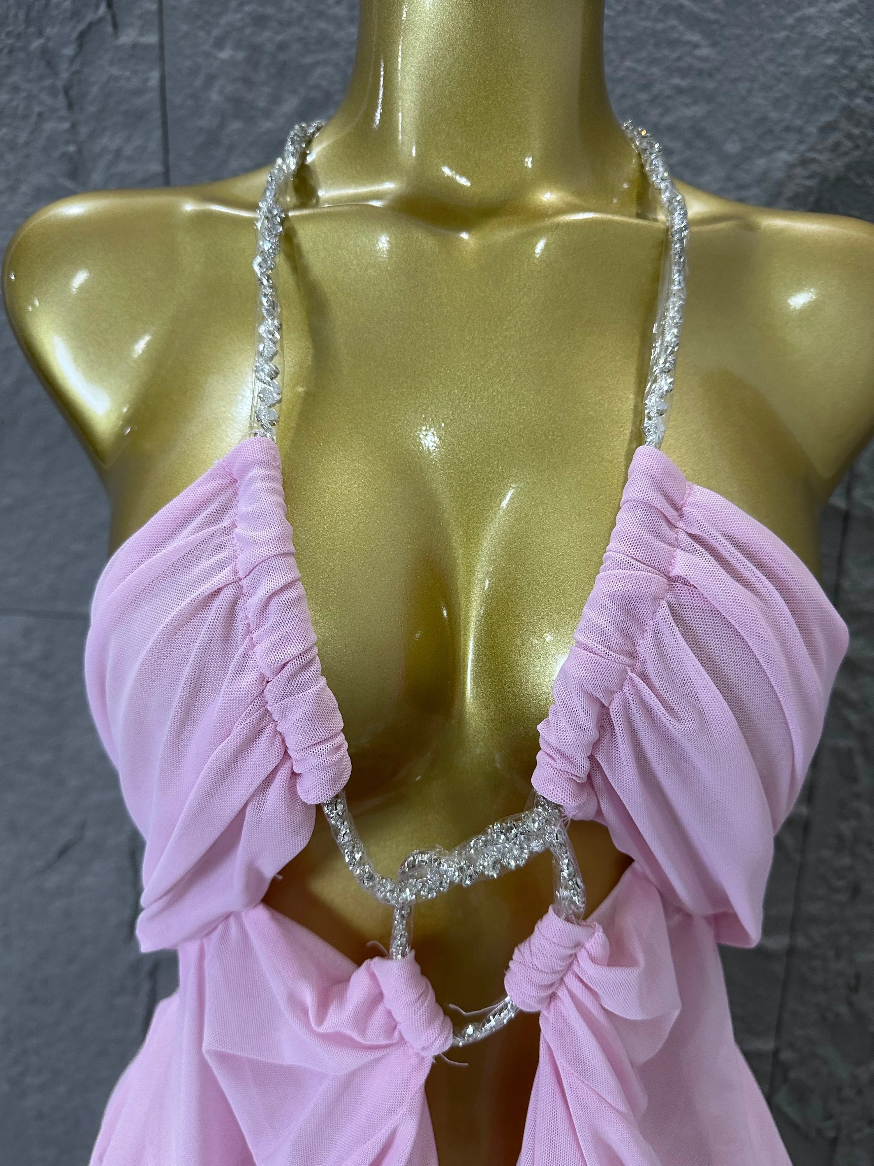 Sexy Halter Neck Maxi Dress Crystal Chain Cutout Ruched Women Sheer Mesh Form Outfit Glamorous Evening Gala Party Costume