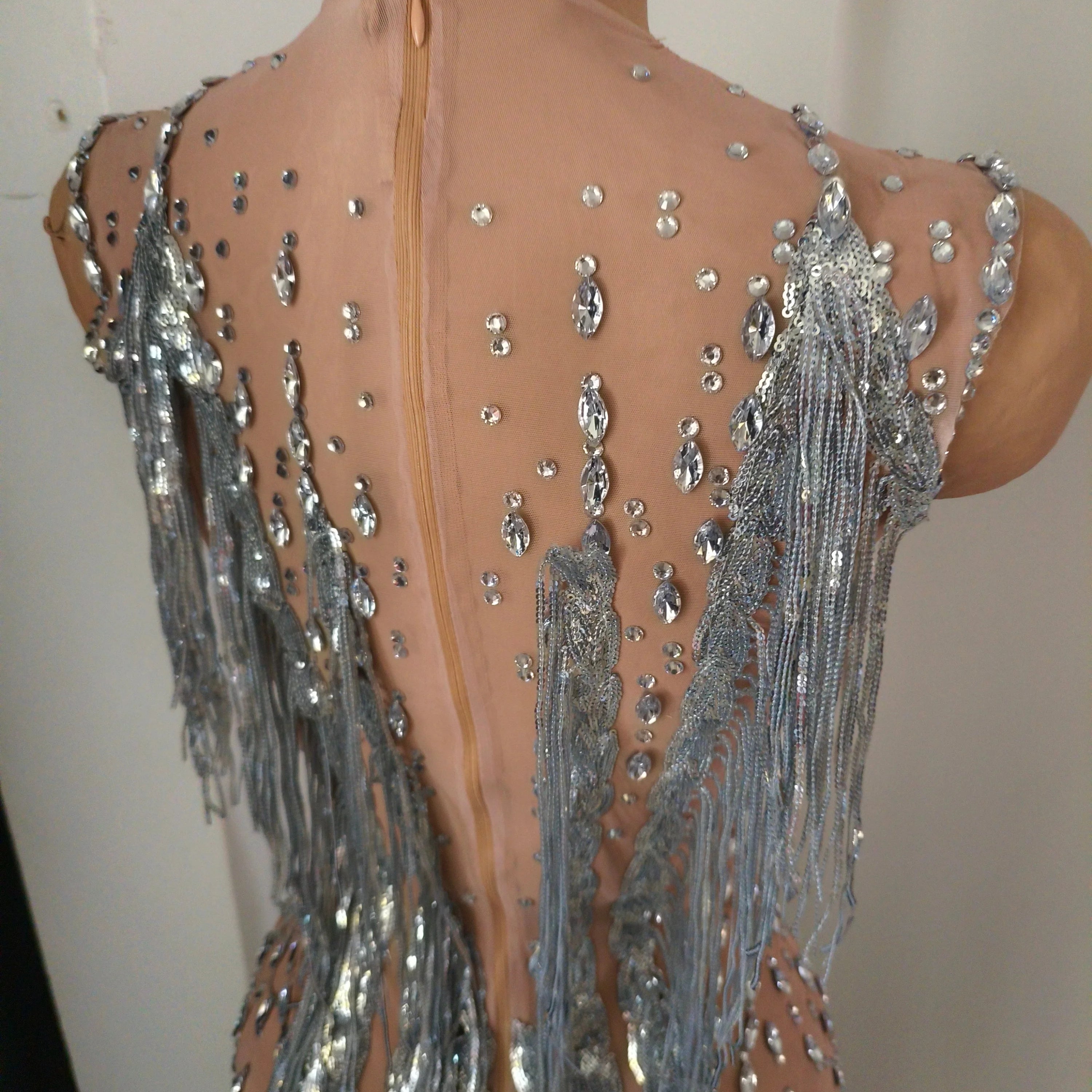 Sparkly Opulent Silver Long Tassel Sheer Mesh Crystal Rhinestone Dress Slim-fit Nightclub Party Clubwear Cocktail Outfit