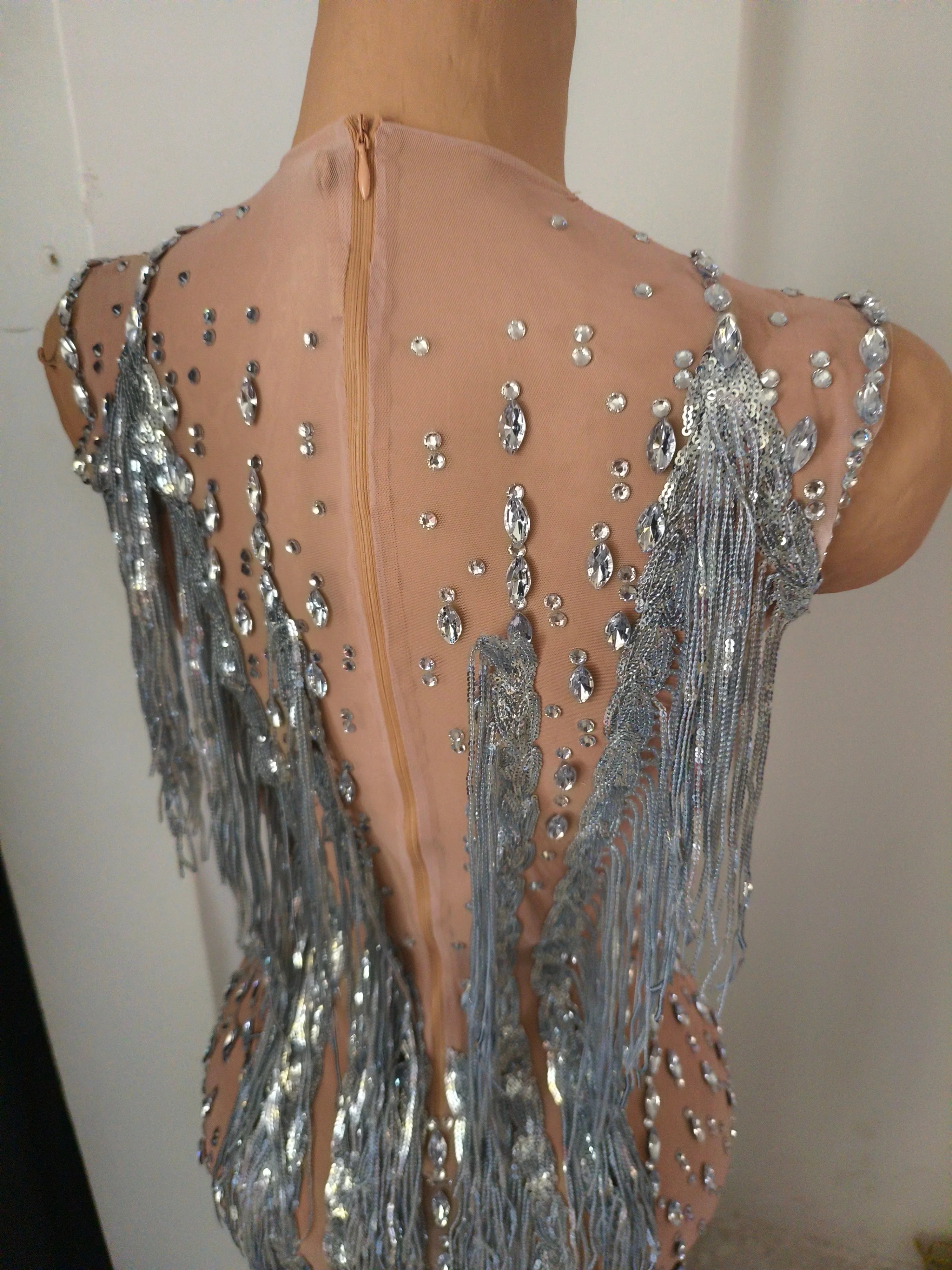Sparkly Opulent Silver Long Tassel Sheer Mesh Crystal Rhinestone Dress Slim-fit Nightclub Party Clubwear Cocktail Outfit