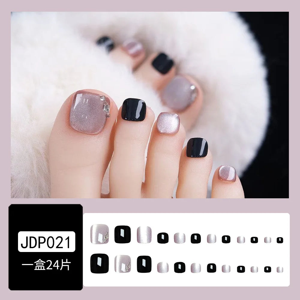 24pcs Red French False Toenails Summer Square Fake Toenails Wearable Detachable Cherry Diamond Decor Press on Nails for Toe 4