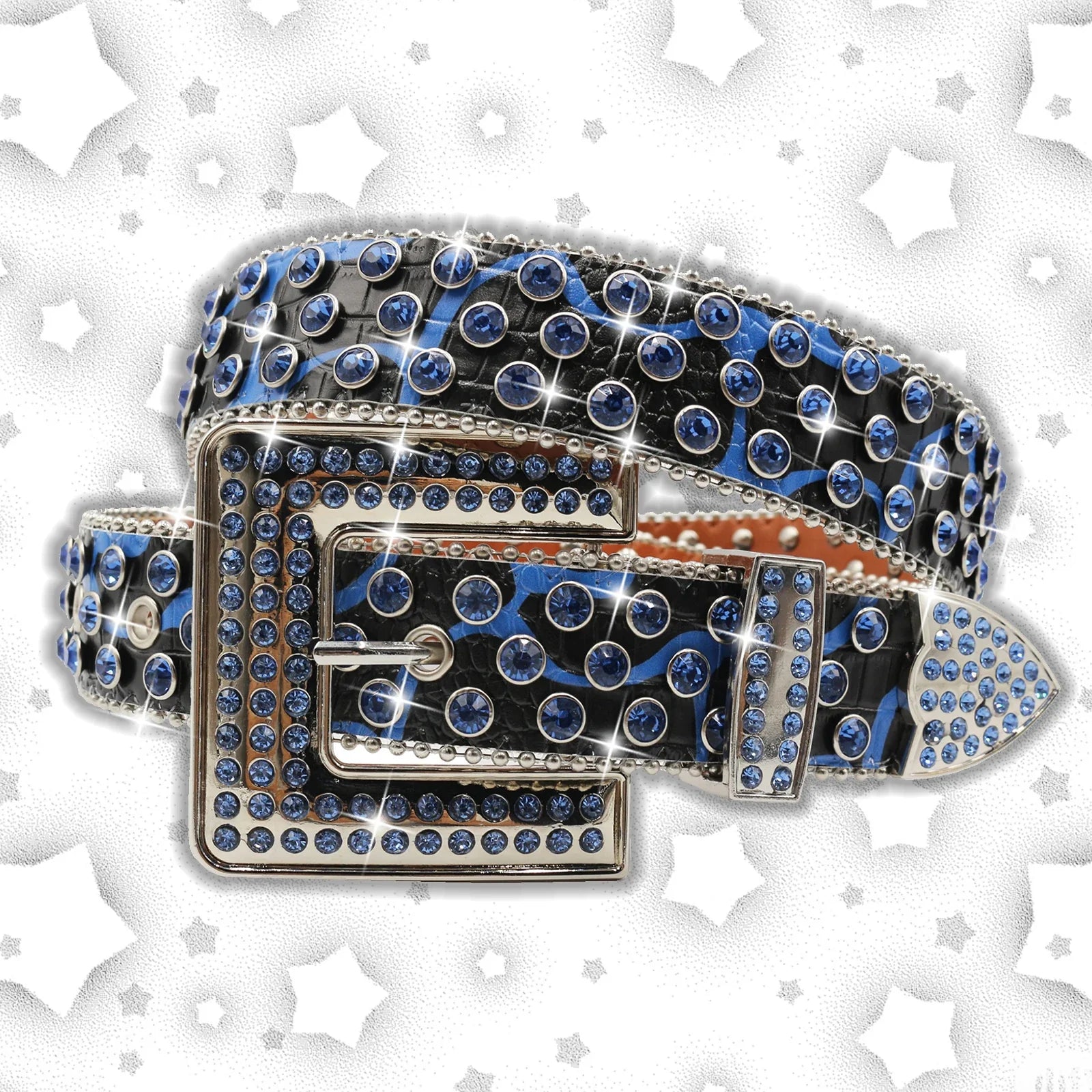 Vintage Dark Rhinestone Rivet Belt for Women Sequin Punk Hip Hop Jeans Accessories Luxury Designer bb Belt Beautiful FK-HW-Blue