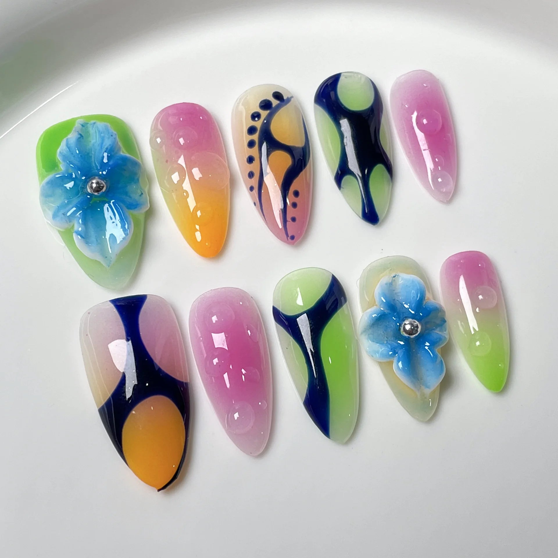 10Pcs Almond Press on Nail Leopard Print 3D Flower French Fake Nails Artificial Finished Wearing Beauty Acrylic Manicure Tip Art