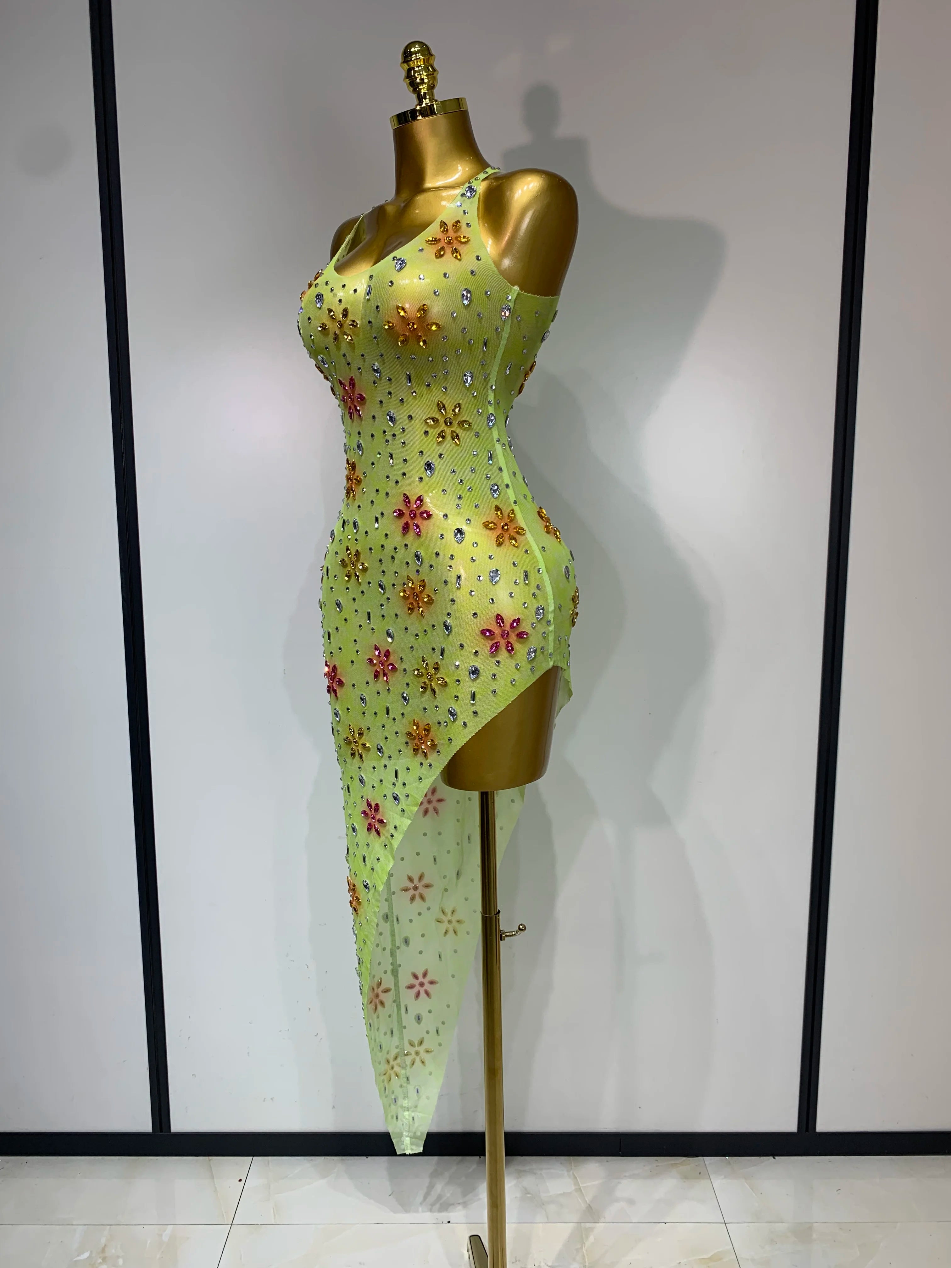 Women Sexy Mesh See Through Stretch Sparkly Rhinestone Performance Costume Stage Dancer Nightclub Party Luxury Birthday Dress