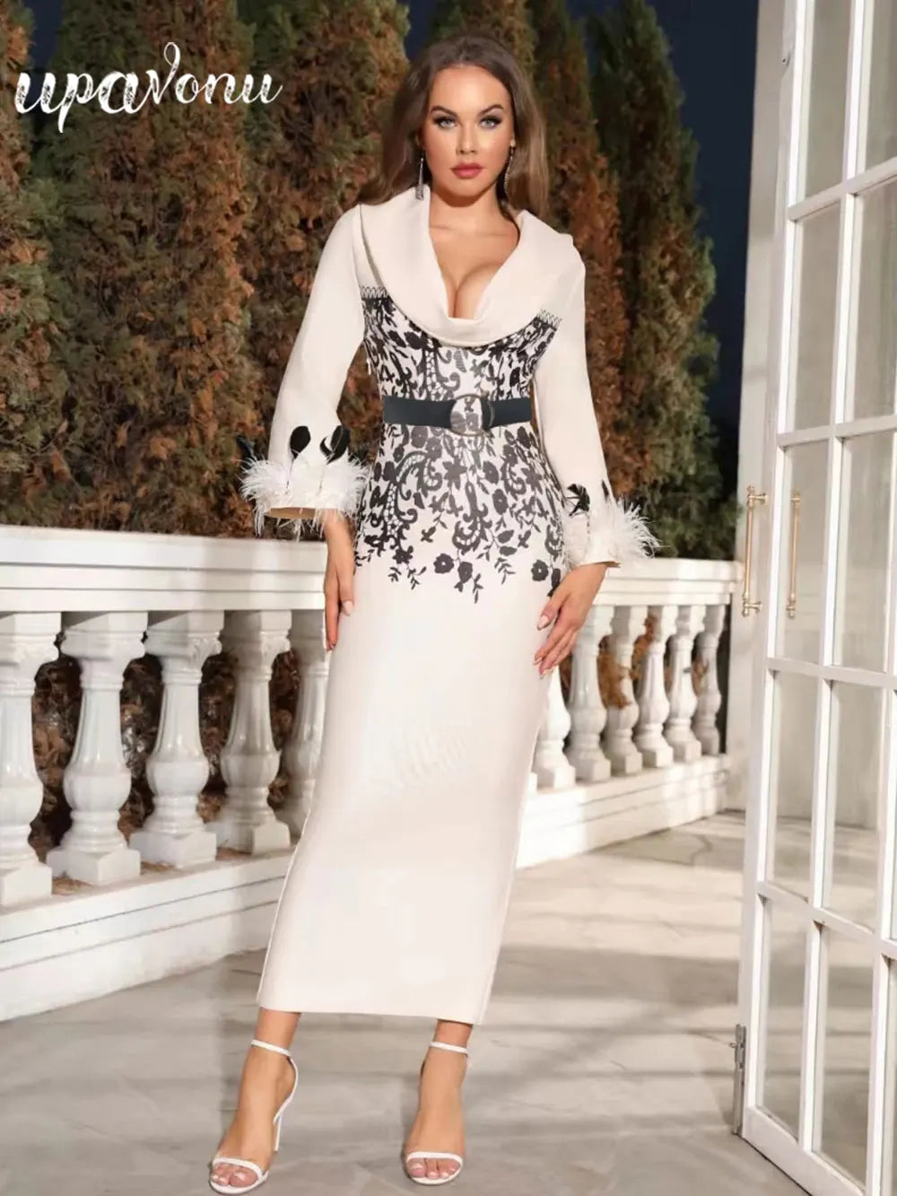 2024 Elegant Women's Long Bandage Dresses with Polo Collar Long Sleeves Feather Decoration Bodycon Print Design Dress+Belt