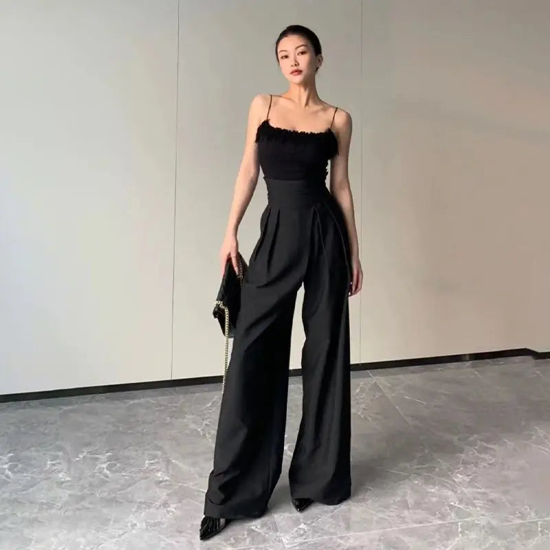 Black Design Wide-Leg Pants Women's Slimming Suit Pant Magic High Waist Loose Straight Drooping Mopping Casual Trousers