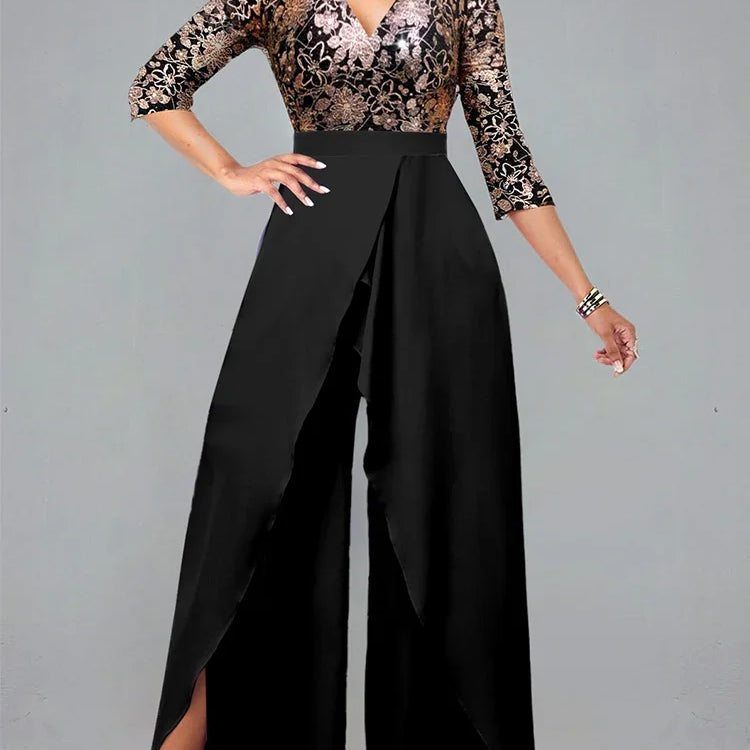 Sets Outifits 2023 New Gilded Floral V-neck Loose Fitting Jumpsuit of One Fashion Casual Pieces for Women Elegant Female 12074