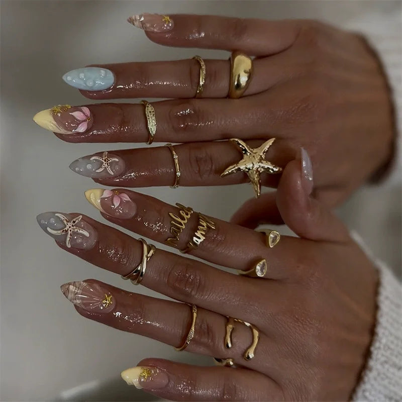 24Pcs 3D Shell Pattern Fake Nails with Starfish Gorgeous Pearl Flower Sweet Oval Nails Tips Reusable Short French Manicure Art 4