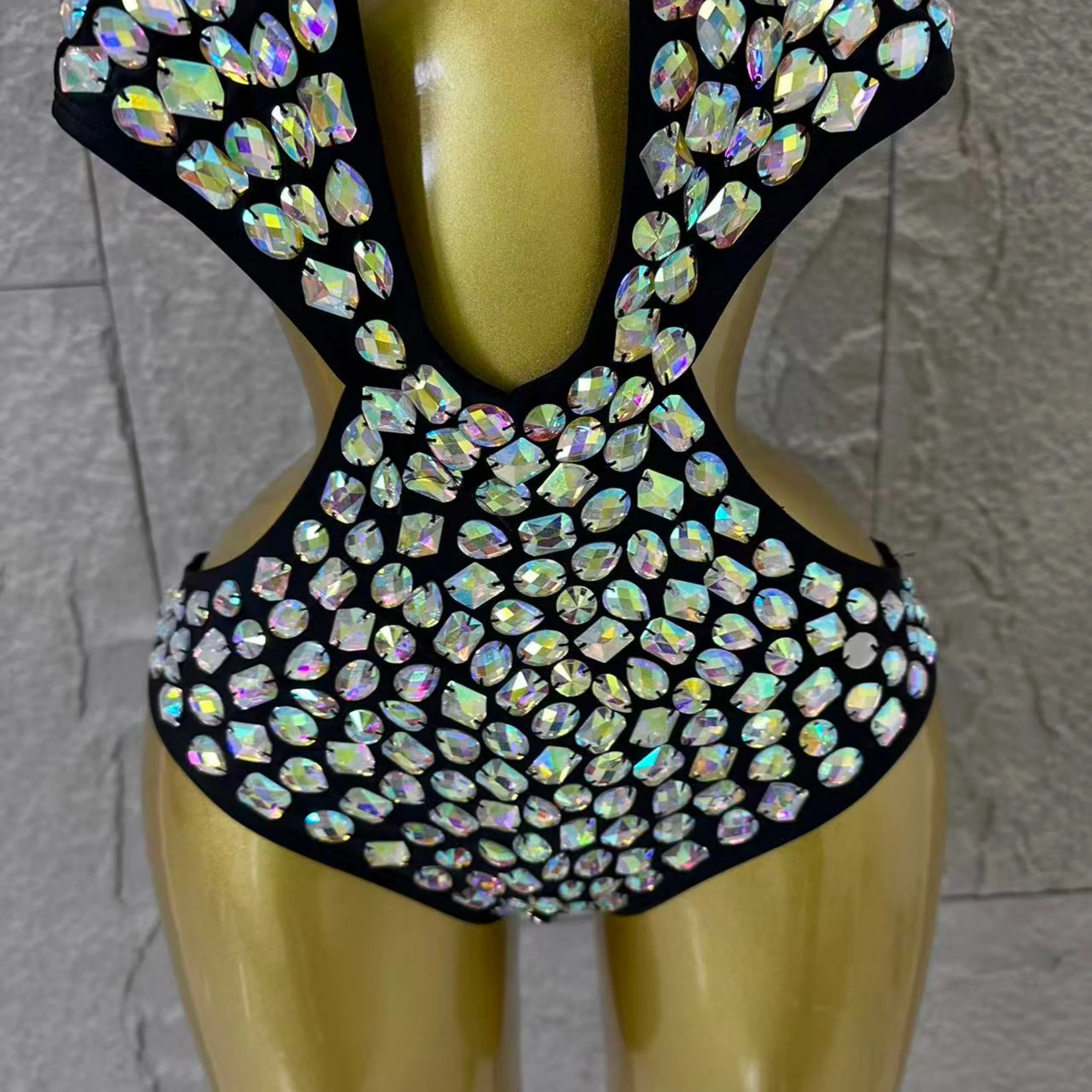 2026 Luxurious Black Bodysuit Women Sexy Halter Neck Iridescent Crystal Embellished Cutout Outfit Stage Performance Costume