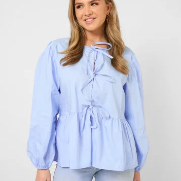 Bow Tied Lace Up Shirt Women Pleats Office Puff Sleeve Female Chic Slim Solid Tops Summer Sweet Lady V Neck Tops long sleeve blue