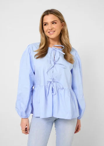 Bow Tied Lace Up Shirt Women Pleats Office Puff Sleeve Female Chic Slim Solid Tops Summer Sweet Lady V Neck Tops long sleeve blue