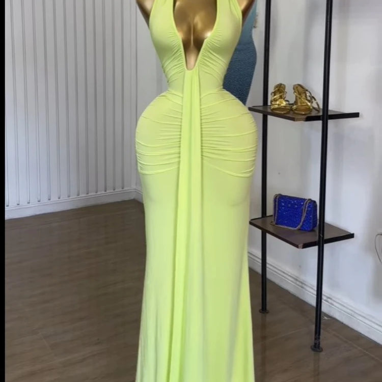 CM.YAYA Women Halter V-neck Stacked Ruched Backless Bodycon Midi Maxi Long Dress 2025 Vacation Birthday Sexy Party Club Dresses Light Green