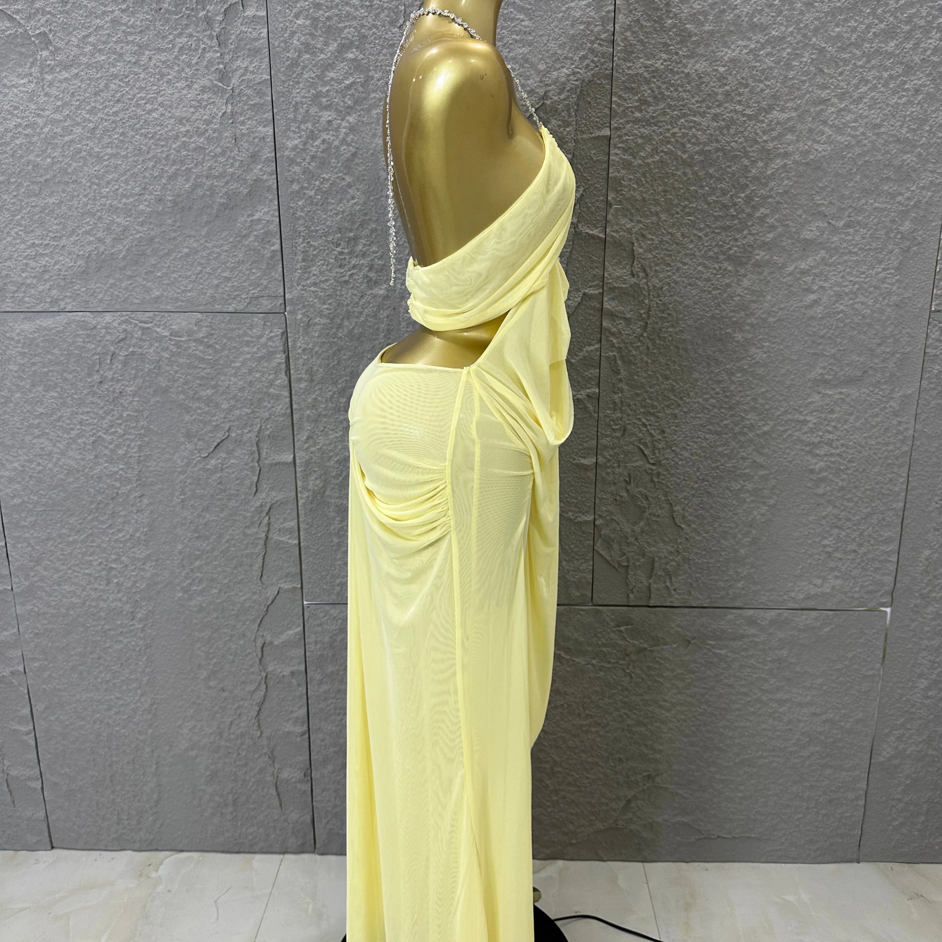 Sexy Halter Neck Maxi Dress Crystal Chain Cutout Ruched Women Sheer Mesh Form Outfit Glamorous Evening Gala Party Costume