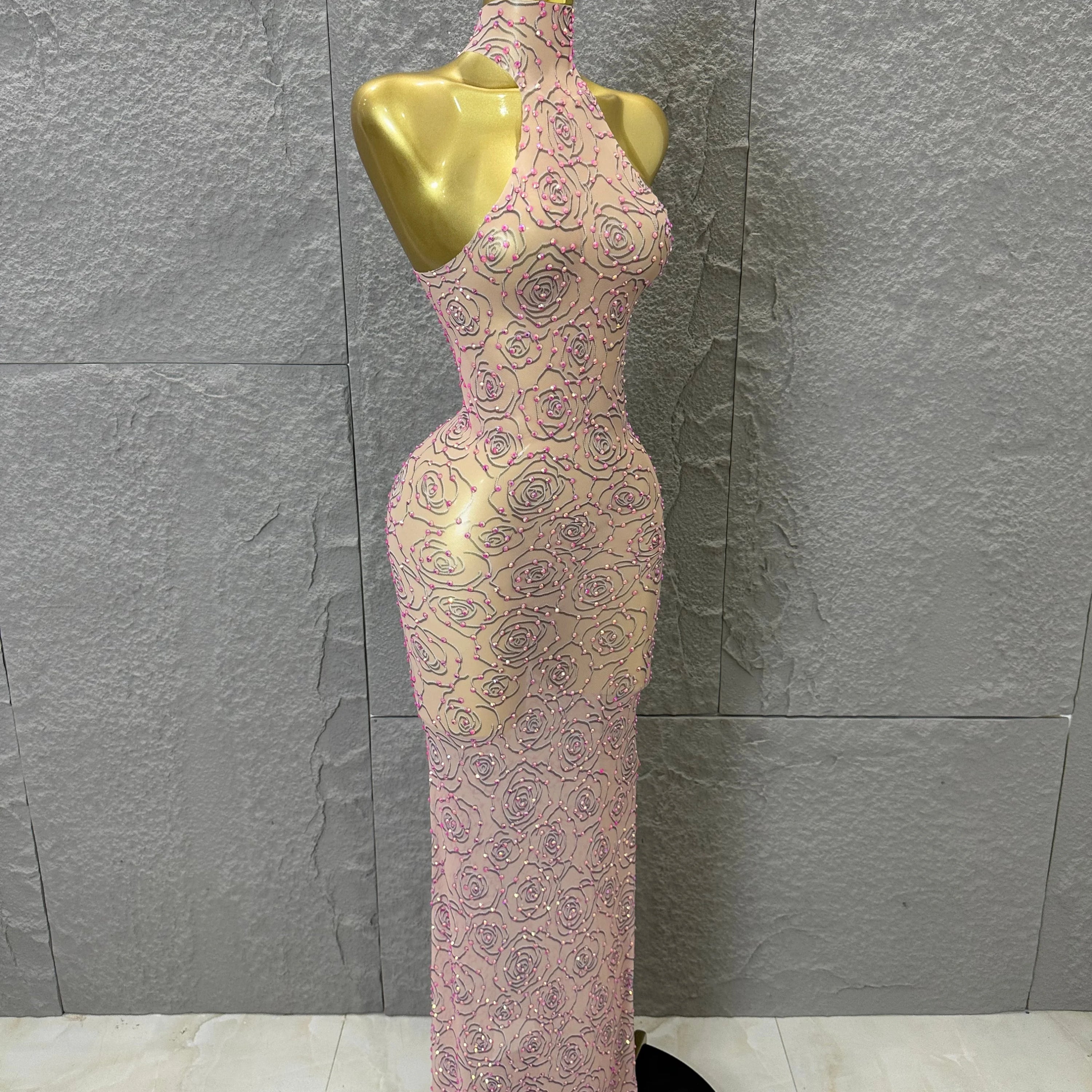 Sexy Glamorous Nude Halter Neck Maxi Dress Sheer Mesh 3D Rose Beaded Embellished Bodycon Nightclub Party Outfit
