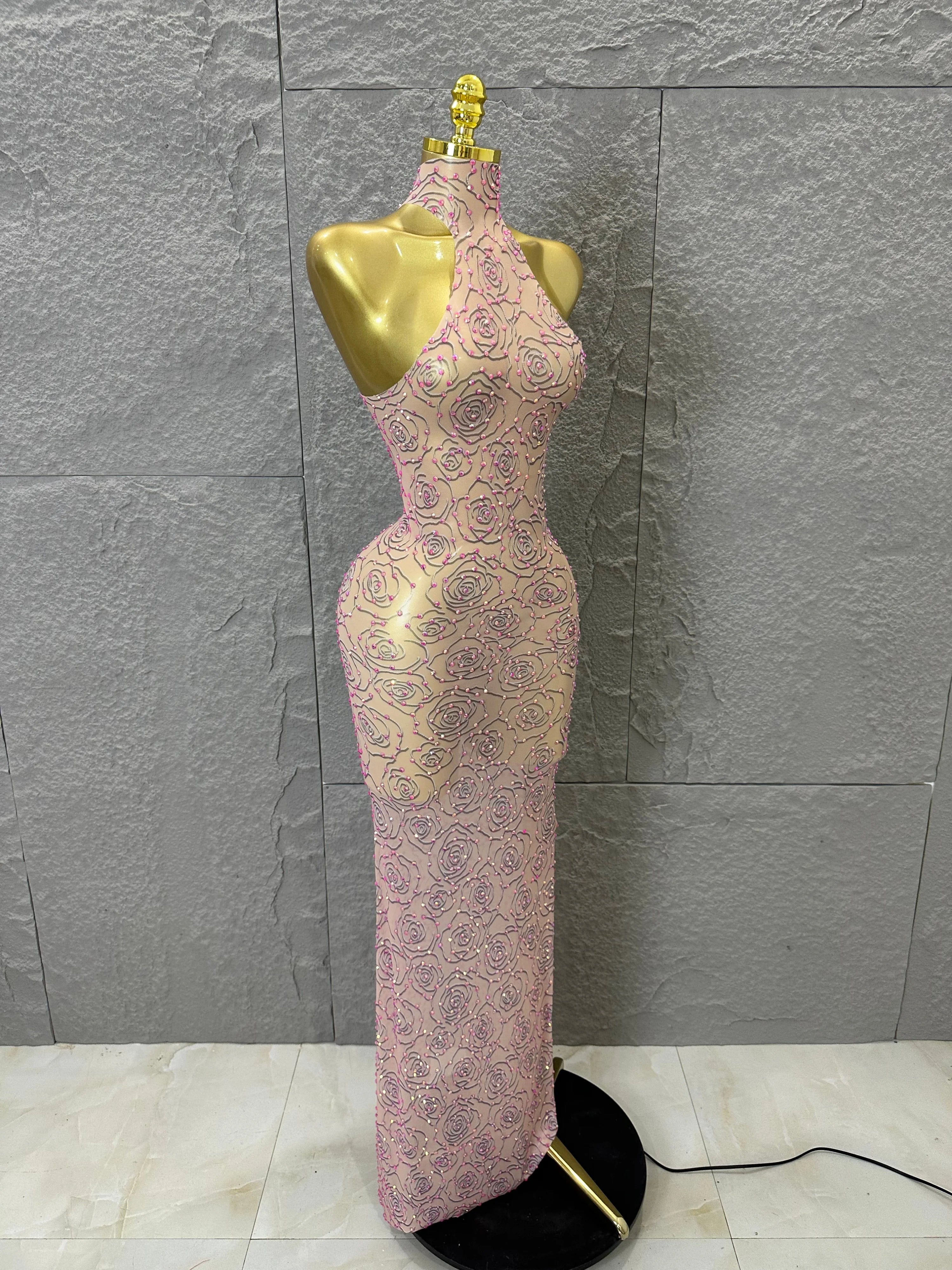Sexy Glamorous Nude Halter Neck Maxi Dress Sheer Mesh 3D Rose Beaded Embellished Bodycon Nightclub Party Outfit