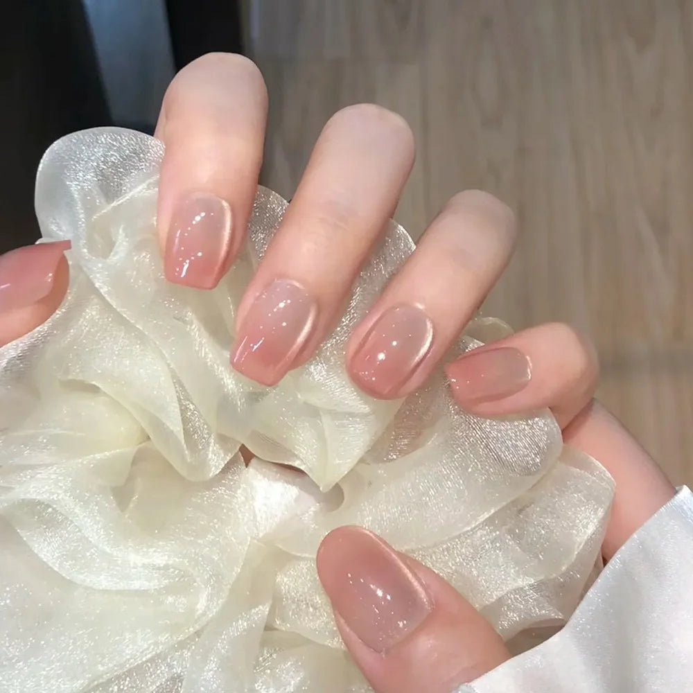 24Pcs Gradient Color Fake Nail Simple Short Ballet Wearable False Nails with Cat Eye Design Press on Nails Full Cover Nail Tips 11