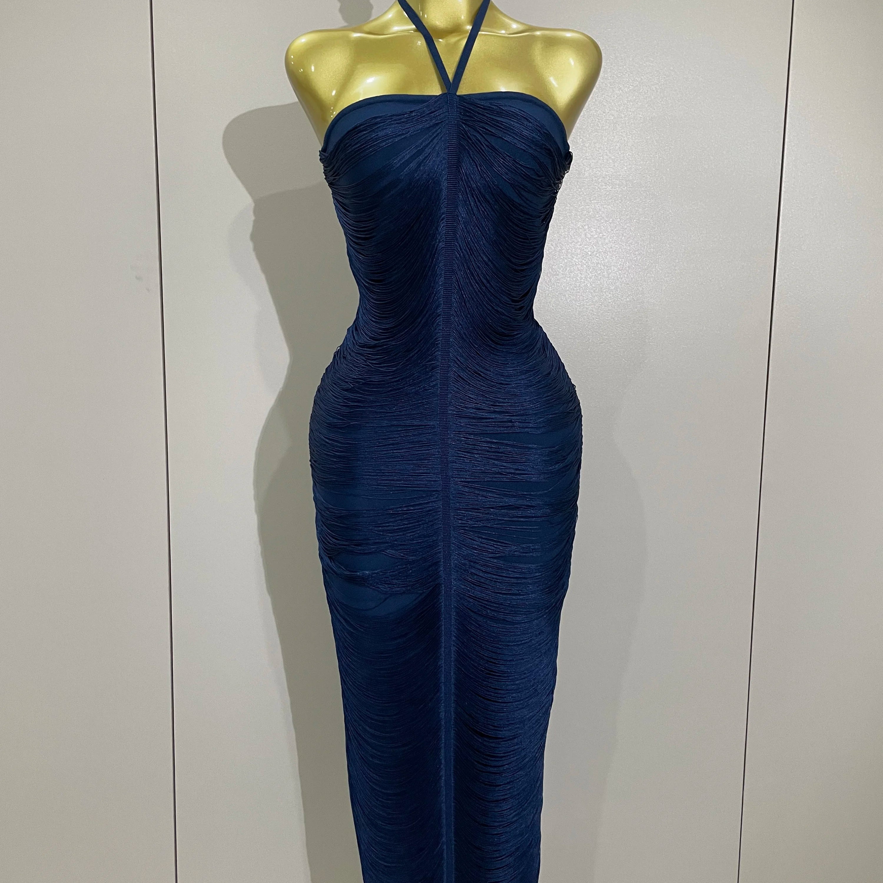 Sexy Backless Green Tassel Ankle Bodycon Bandage Dress 2025 Women Celebrity Elegant Evening Club Luxury Birthday Party Outfit Navy Blue