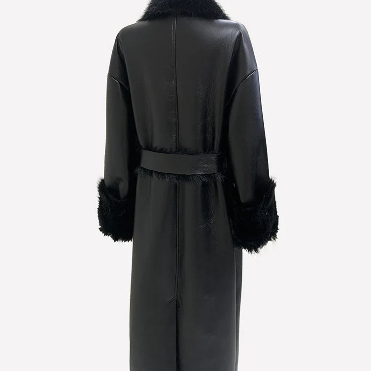 Nerazzurri Winter Long Oversized Black Thickened Warm Soft Black Lamb Shearling Trench Coat Women Faux Sheepskin Overcoat 2024