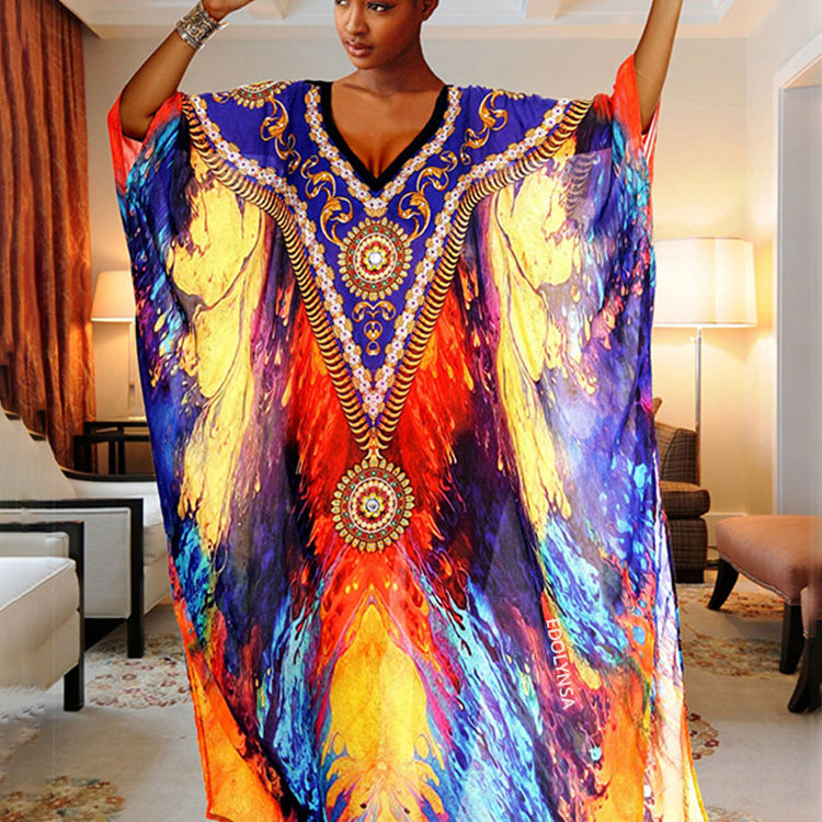 Plus Size Multicolored Loose Dress Cotton Tunic Women Large Size Beach Wear Kaftan Bohemian Printed Loose Beach Dresses Q1230-1084 One Size