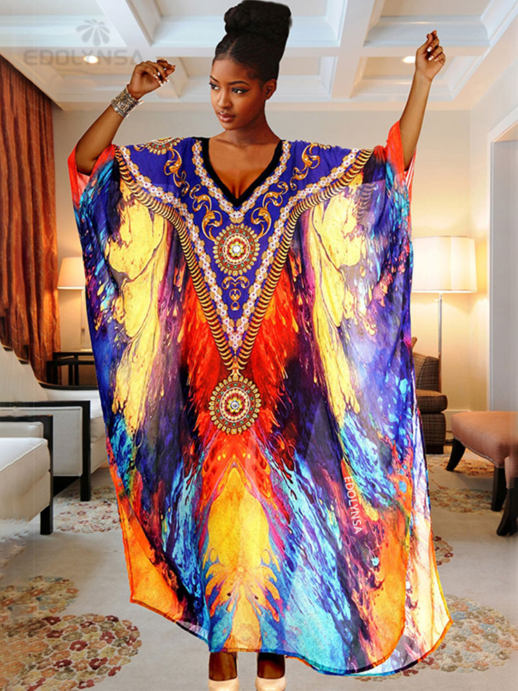 Plus Size Multicolored Loose Dress Cotton Tunic Women Large Size Beach Wear Kaftan Bohemian Printed Loose Beach Dresses Q1230-1084 One Size