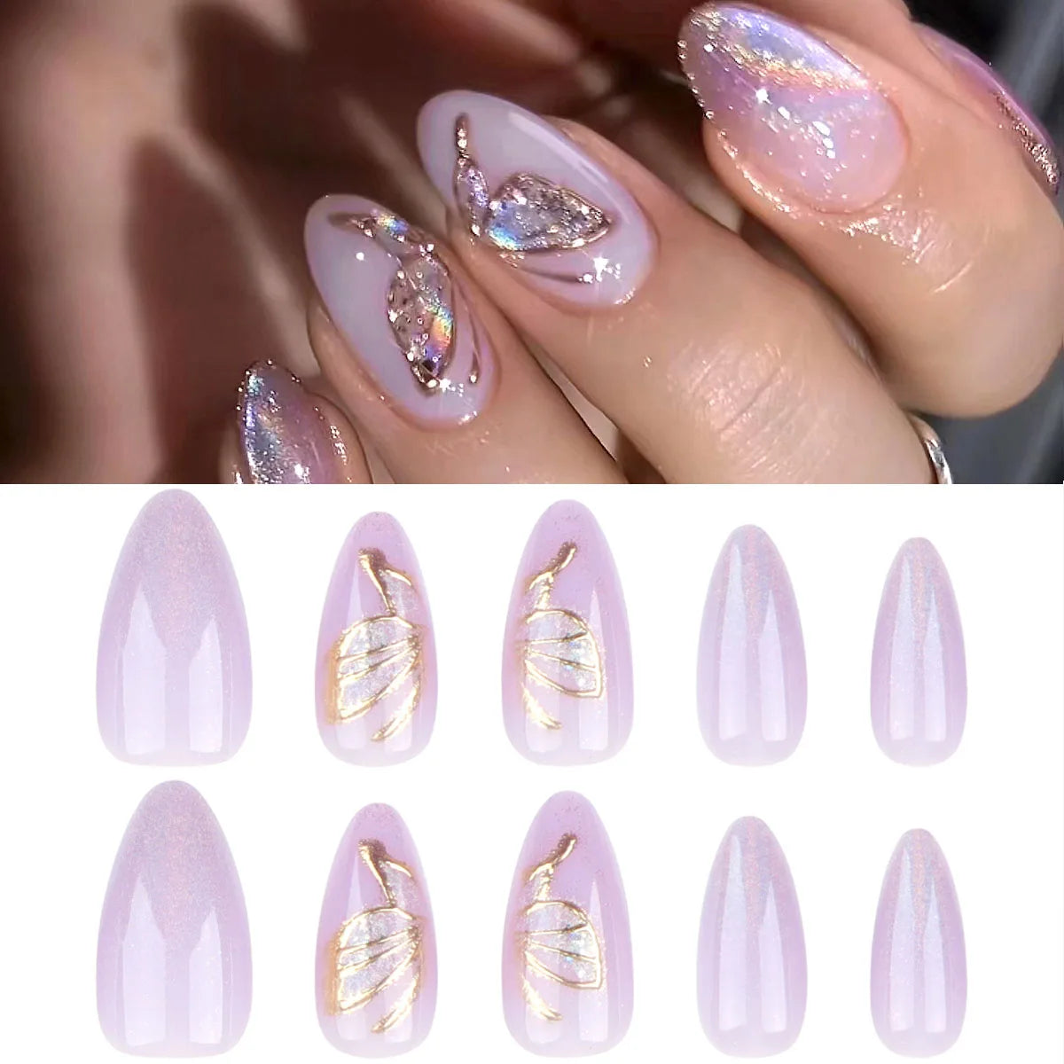 3D Butterfly Almond Nail Art Fashion Green Pearlescent Powder False Nails Detachable Finished Fake Nails Press on Nail with Glue MT2323JP3301