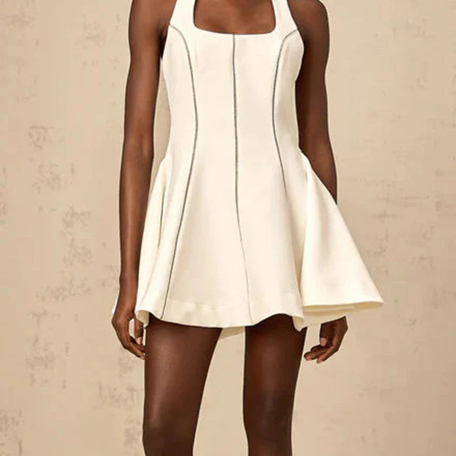 Solid Slimming Fashion Mini Dresses for Women Halter Neck Sleeveless Patchwork Bow Tunic Elegant Dress Female New WHITE