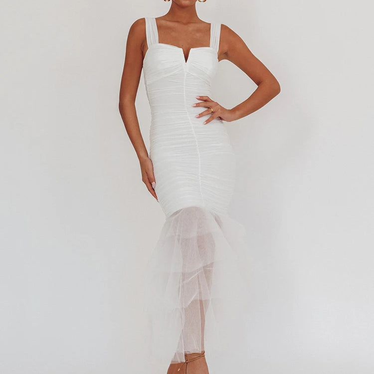 Mesh Backless Sexy Maxi Dress For Women Gown Two Layer Spaghetti Strap Sleeveless Ruched Bodycon Club Party Dress WHITE