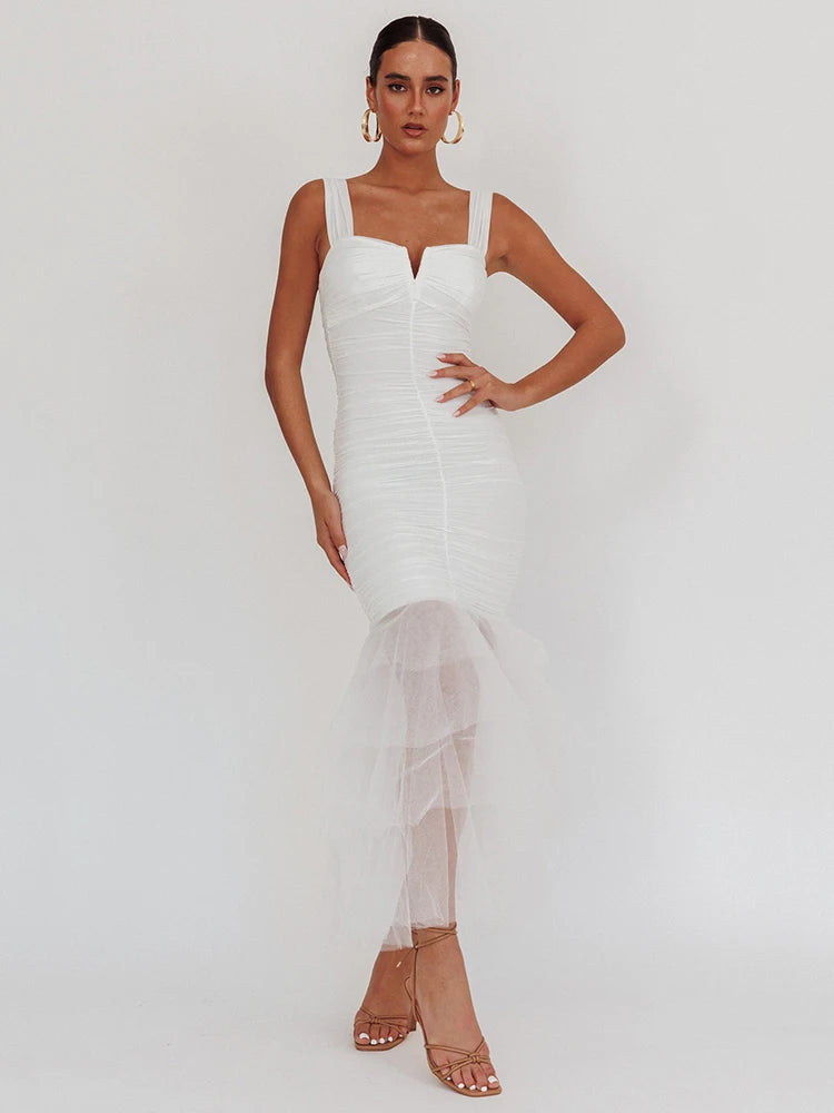 Mesh Backless Sexy Maxi Dress For Women Gown Two Layer Spaghetti Strap Sleeveless Ruched Bodycon Club Party Dress WHITE