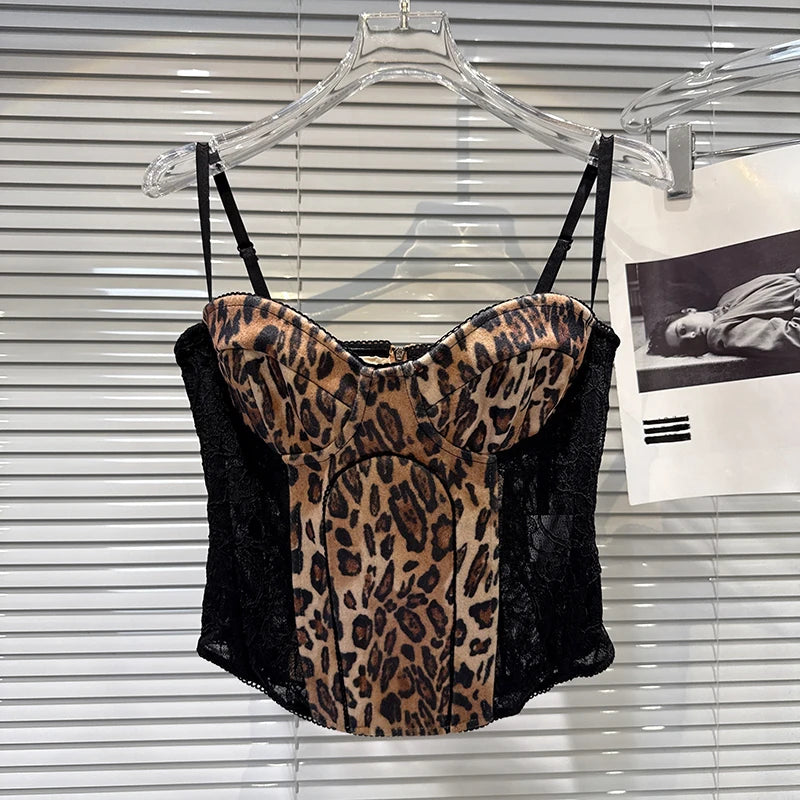 Winter New Fashion Yellow Leopard Print Patchwork Lace Fishbone Waist-Cinching Camisole For Women Tank Tops 11A07584 Yellow Leopard